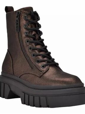 GUESS Metallic Bronze Lace-Up Platform Combat Boot